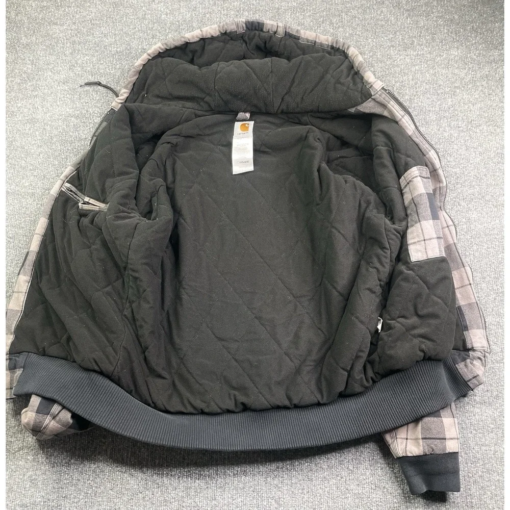 Carhartt Jacket Mens L Grey Plaid J260‎ SMK Hooded Quilted Flannel Work Coat